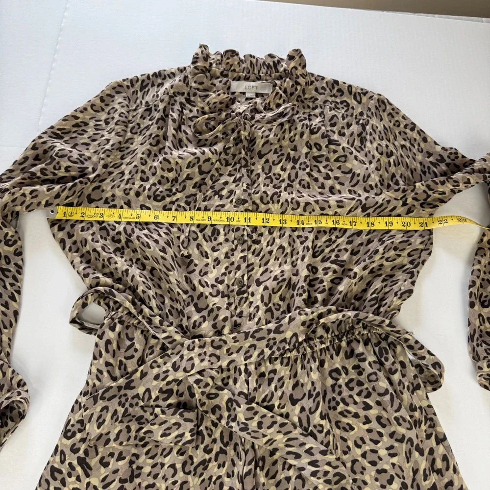LOFT Leopard Print Ruffle Neck Tie Waist Long Sleeve Mini Dress Brown Tan 12